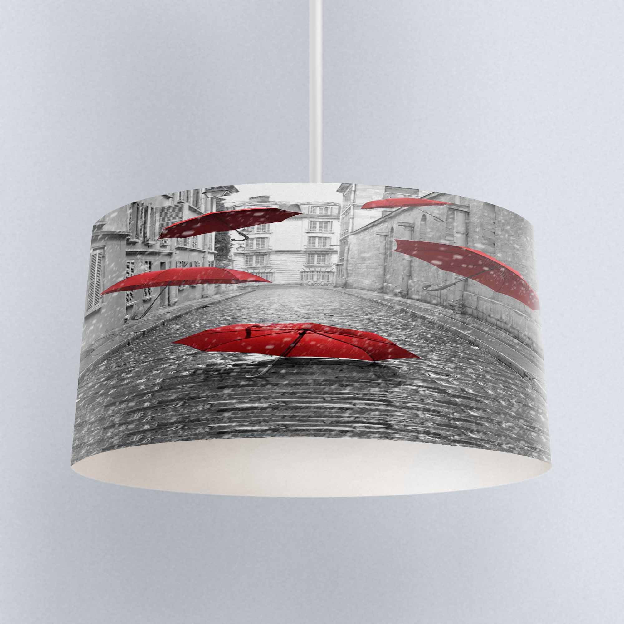 다른 회색 빈티지 거리 빨간 우산 디지털 인쇄 패브릭 샹들리에 램프 드럼 전등갓 바닥 천장 펜던트 조명 그늘